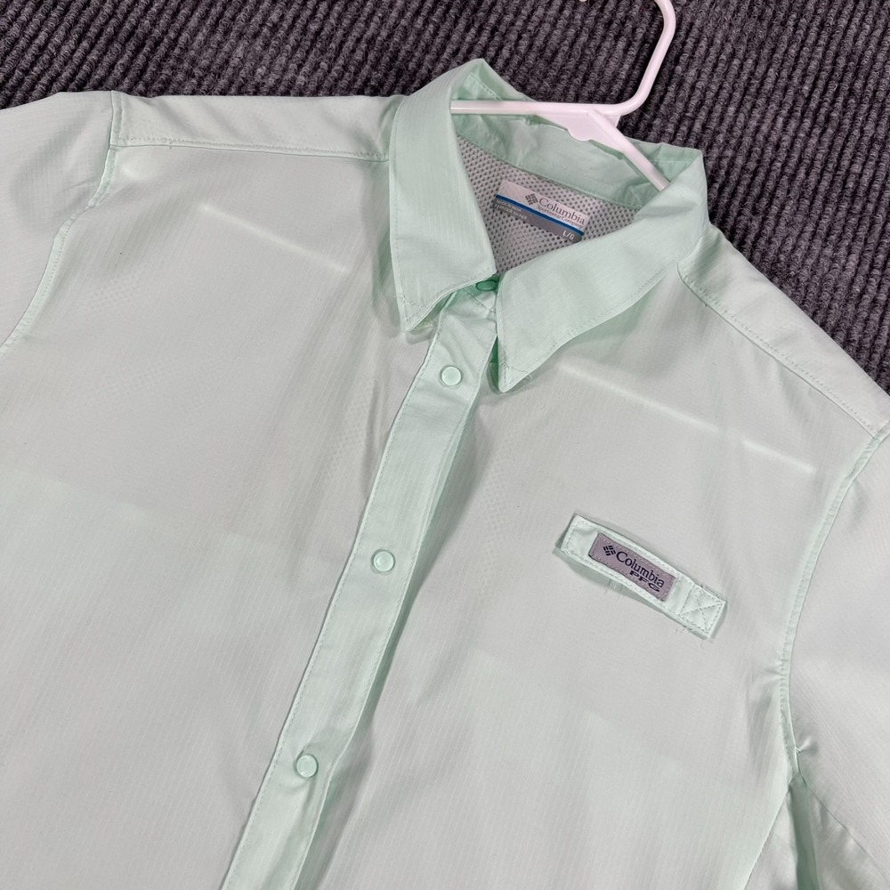 Columbia PFG Shirt Womens Light Green Large Short Sleeve Button Up Fishing